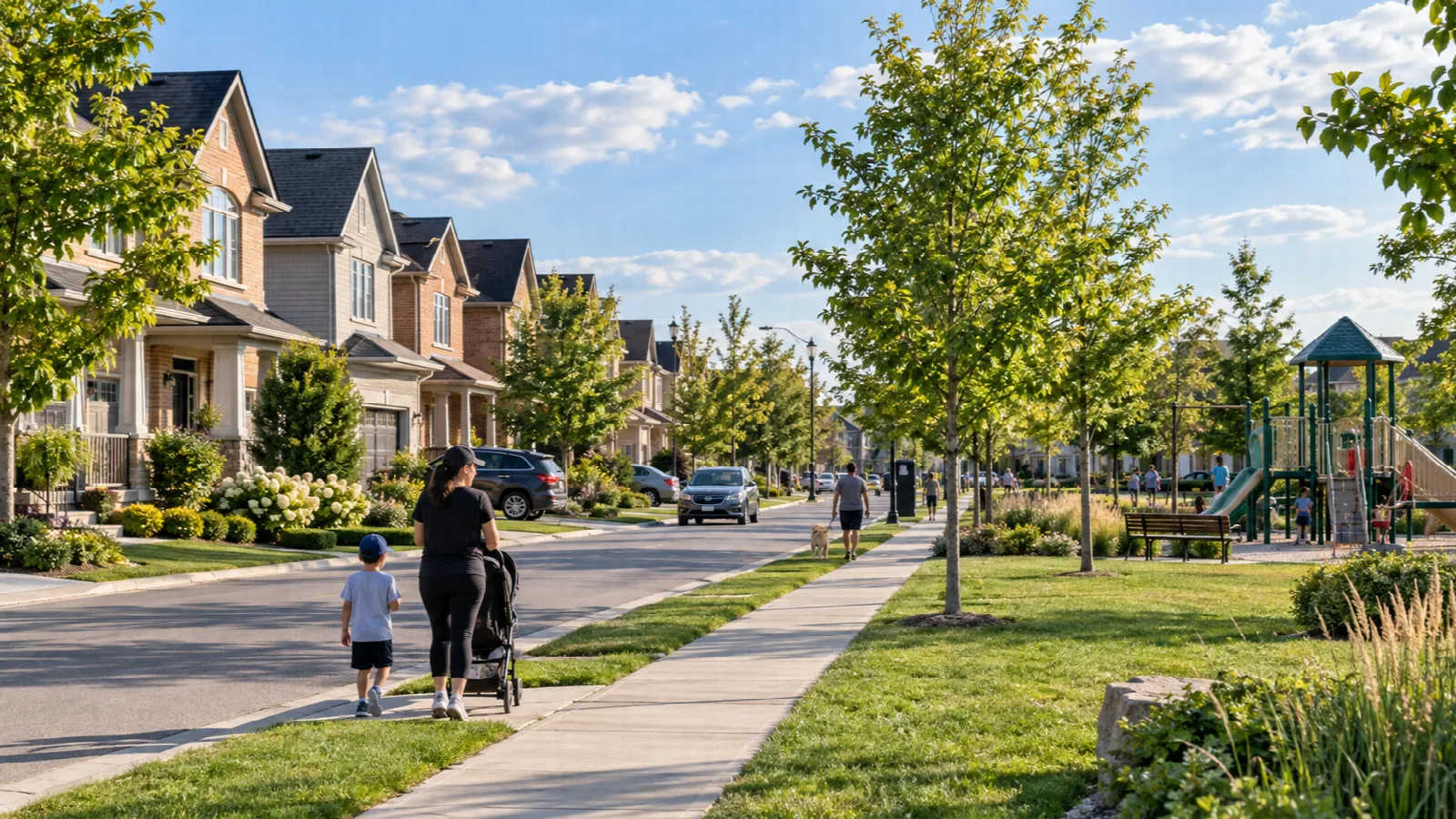 People walking through a leafy Brampton neighbourhood