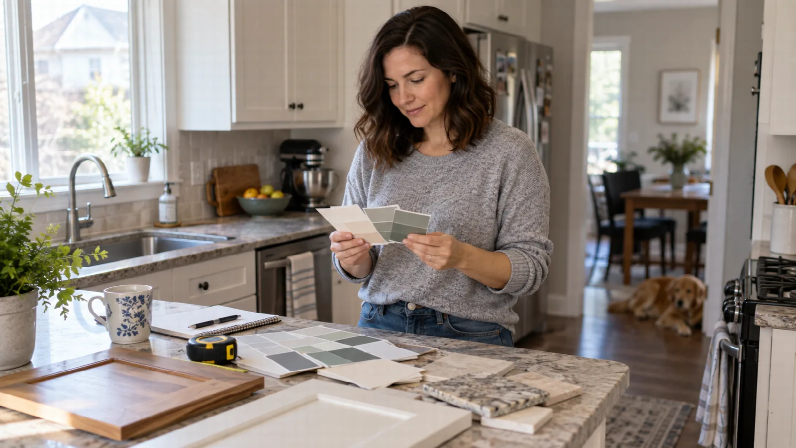 Homeowner comparing renovation samples in a kitchen